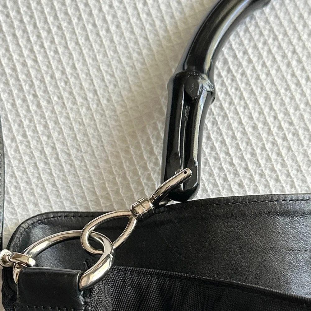 Gucci Black Nylon Bamboo Handle Bag w Detachable Leather Shoulder Strap